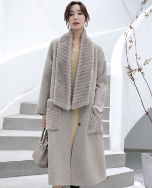 Mink Fur Trimmed Cashmere Long Coat with Removable Fur Scarf