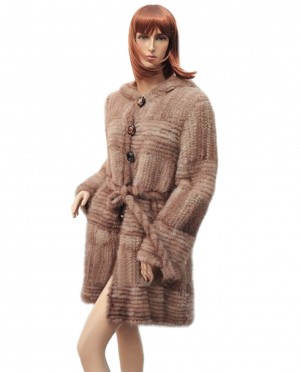 Knitted Mink Fur Coat With Hood