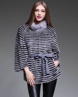 Belted Mink Fur Coat With Rex Rabbit Fur Trim