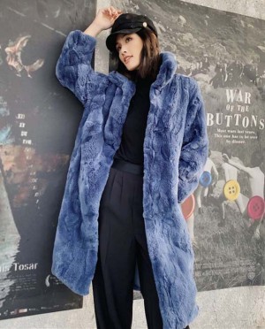 Rex Rabbit Fur Long Coat Navy Blue
