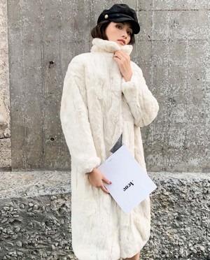 Rex Rabbit Fur Long Coat Cream-White