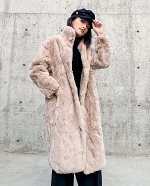 Rex Rabbit Fur Long Coat in Khaki