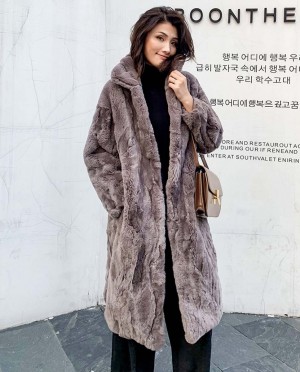 Rex Rabbit Fur Long Coat in Coffee