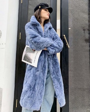 Rex Rabbit Fur Long Coat in Light-Blue