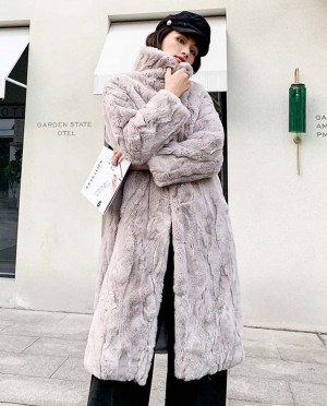 Rex Rabbit Fur Long Coat in Beige and Coral