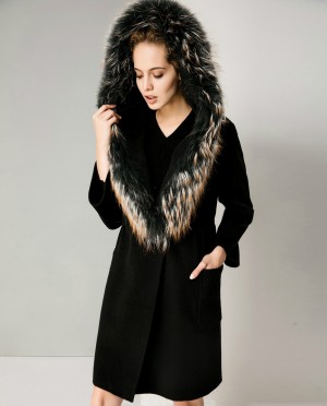 Hooded Woolen Coat With Raccoon Fur Trimming