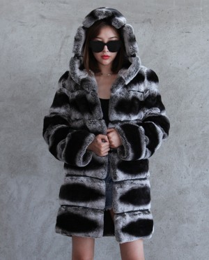 Hooded Rex Rabbit Fur Coat with Chinchilla Look