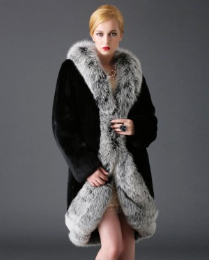 3/4 Length Rex Rabbit Fur Coat with Fox Fur Trimming
