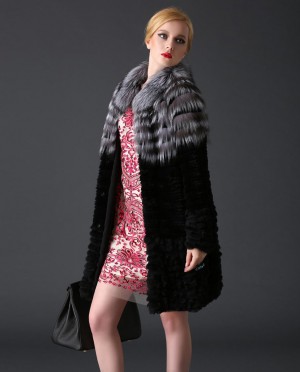 Rex Rabbit Fur Coat with Silver Fox Fur Trim
