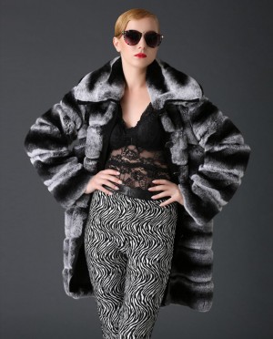 3/4 Length Rex Rabbit Fur Coat with Chinchilla Look
