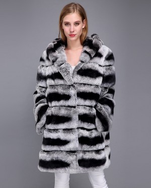 Hooded Rex Rabbit Fur Coat with Chinchilla Look