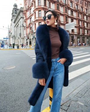 Shearling Sheepskin Coat with Fox Fur Trim