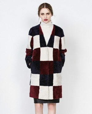 3/4 Length Plaid Shearling Sheepskin Wool Coat