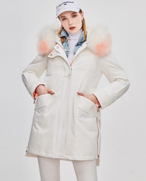 Raccoon Fur Trimmed Hooded Down-filled Winter Coat in White