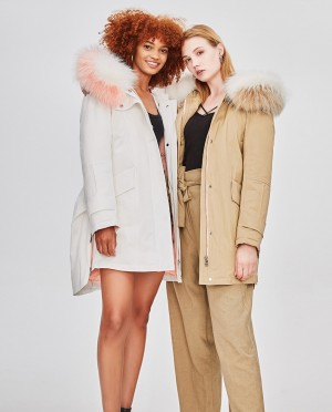 Raccoon Fur Trimmed Hooded Down-filled Winter Coat in Khaki