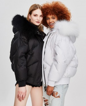 Raccoon Fur Trimmed Hooded Down-filled Cropped Winter Coat