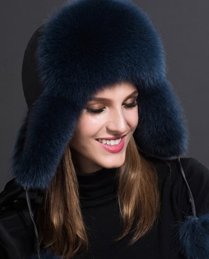 Black White Blue Fox Fur Trapper Hat 2 pompom