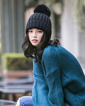 Wool Beanie Hat with Fox Fur Pompom