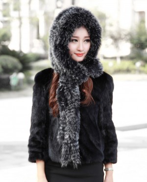 Knitted Fox Fur Shawl with Hood