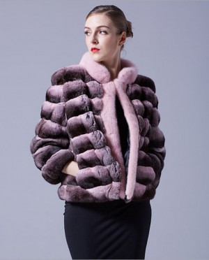 Cropped Chinchilla Fur Jacket with Mink Fur Trimming