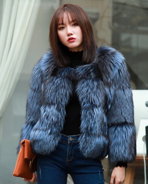 Cropped Silver Fox Fur Jacket in Blue