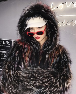 Hooded Fox Fur Jacket in Fantasy Color