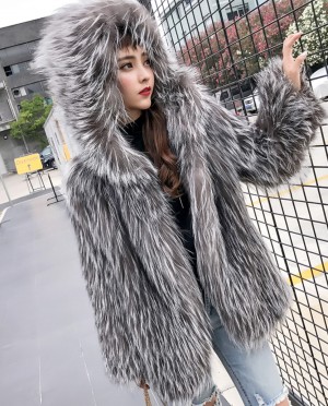 Hooded Knitted Silver Fox Fur Jacket