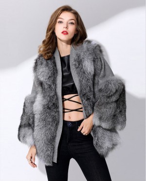 Silver Fox Fur Coat with Double-Sided Wool Trim