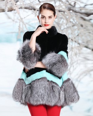 A-shaped Mink Fur Cape Style Jacket with Silver Fox Fur Trim