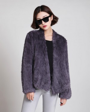 Collarless Knitted Rabbit Fur Coat