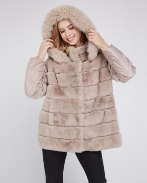 Fox Fur Trimmed Hood Rex Rabbit Fur Jacket with Detachable Down-filled Sleeves