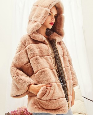 Hooded Rex Rabbit Fur Jacket Reversible Style