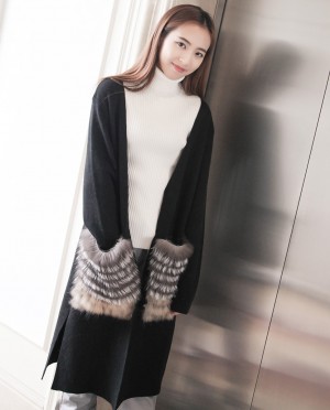 Woollen Sweater Jacket with Fox Fur Trimmed Pockets