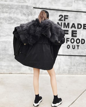 Detachable Fox Fur Liner Parka with Zipped Hood