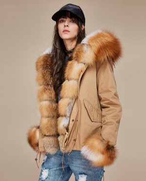 Fox Fur Trimmed Hooded Parka with Detachable Rex Rabbit Fur Liner