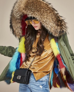 Raccoon Fur Trimmed Hooded Parka with Detachable Fox Fur Liner