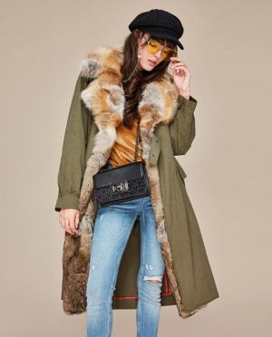 Fox Fur Collar Trench Coat with Rabbit Fur Trim
