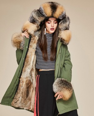 Fox Fur Trimmed Hooded Parka with Detachable Rabbit Fur Liner