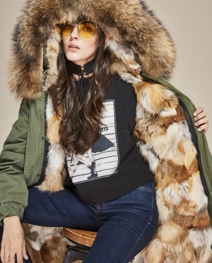 Raccoon Fur Trimmed Hooded Parka with Detachable Fox Fur Liner