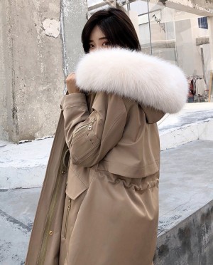Hooded Fox Fur Trimmed Long Parka with Rex Rabbit Fur Liner