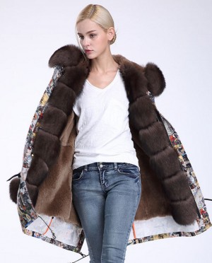 Fox Fur Trimmed Hooded Parka with Detachable Rex Rabbit Fur Liner
