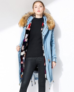 Raccoon Fur Trimmed Hooded Denim Parka with Detachable Mink Fur Liner