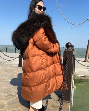 Unisex Hooded Raccoon Fur Trimmed Down-filled Wintercoat Long Parka
