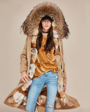 Raccoon Fur Trimmed Hooded Parka with Detachable Fox Fur Liner