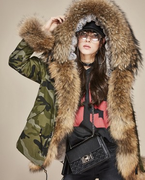 Raccoon Fur Trimmed Hooded Parka with Detachable Rex Rabbit Fur Liner