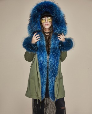 Raccoon Fur Trimmed Hooded Parka with Detachable Faux Rex Rabbit Fur Liner