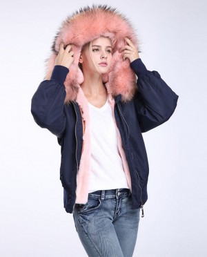 Raccoon Fur Trimming Hooded Bomber Jacket with Detachable Rex Rabbit Fur Liner