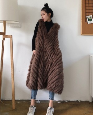 Real Striped Fox Fur Long Gilet