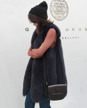 Black Fox Fur Long Gilet Cream