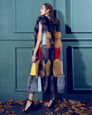 Multicolor Fox Long Fur Gilet with Mink Fur Trim